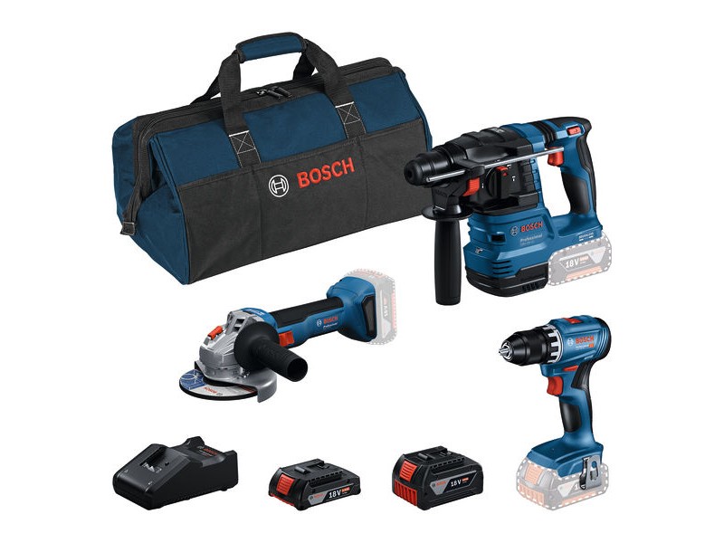 Komplet 3 orodij Bosch 18V: GSR 18V-45 + GBH 18V-22 + GWS 18V-8 + GBA 2.0 Ah + GBA 4.0 Ah + GAL 18V-40 + torba, 0615A50061